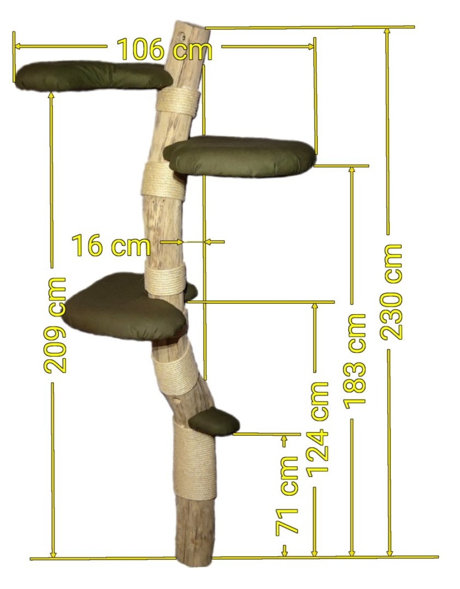 Wooden wall mounted cat tree 230cm with 3 big lying areas